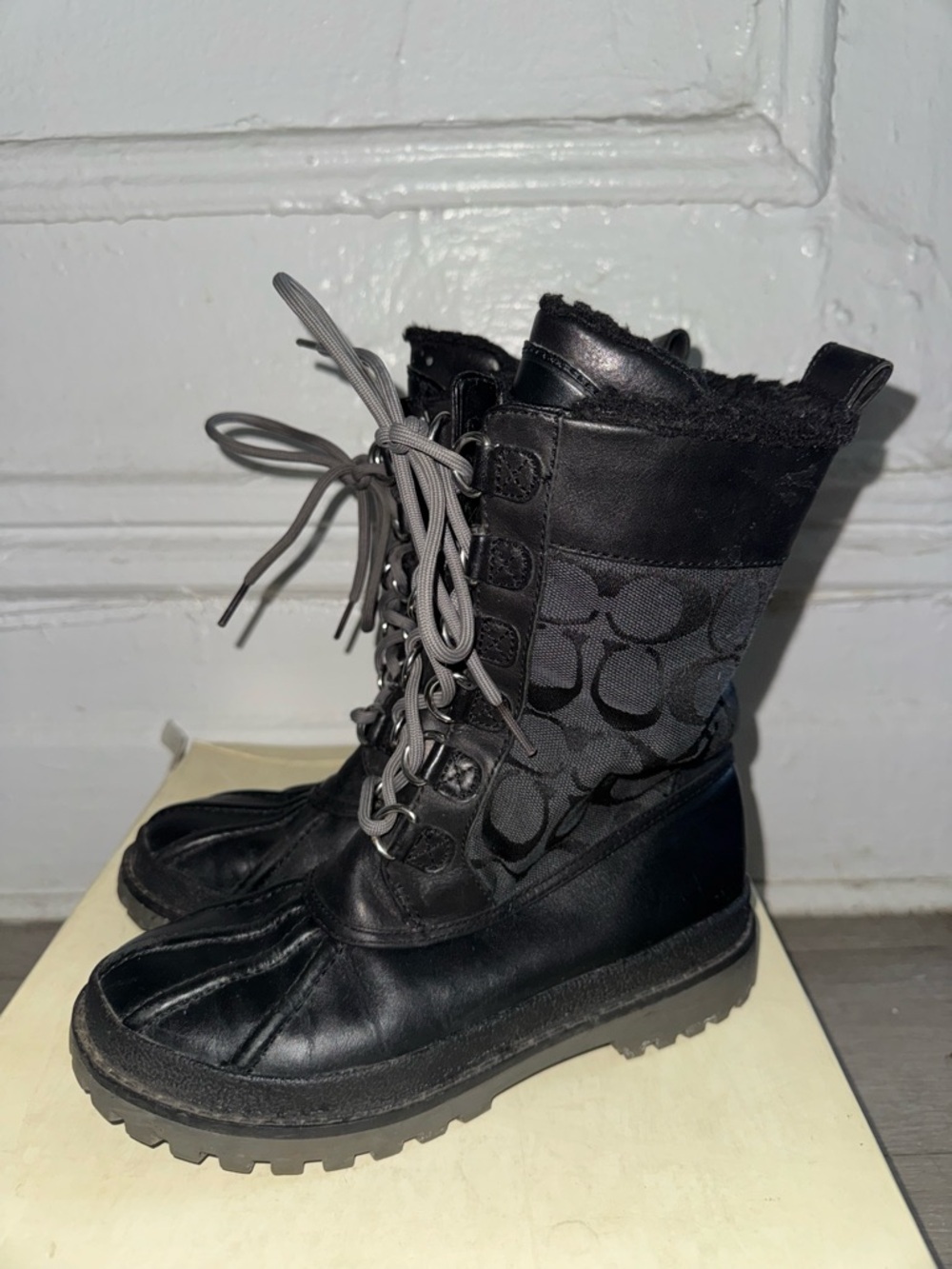 Coach Black Lace-Up Duck Boots with Gray Laces and Quilted Sides - Picture 3 of 6